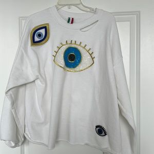 White distressed evil eye crew size M